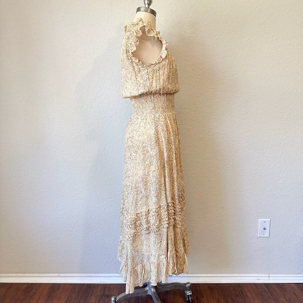 REBECCA TAYLOR Dress Cream Floral Silk Ruffled Smocked Metallic Party - Picture 5 of 12